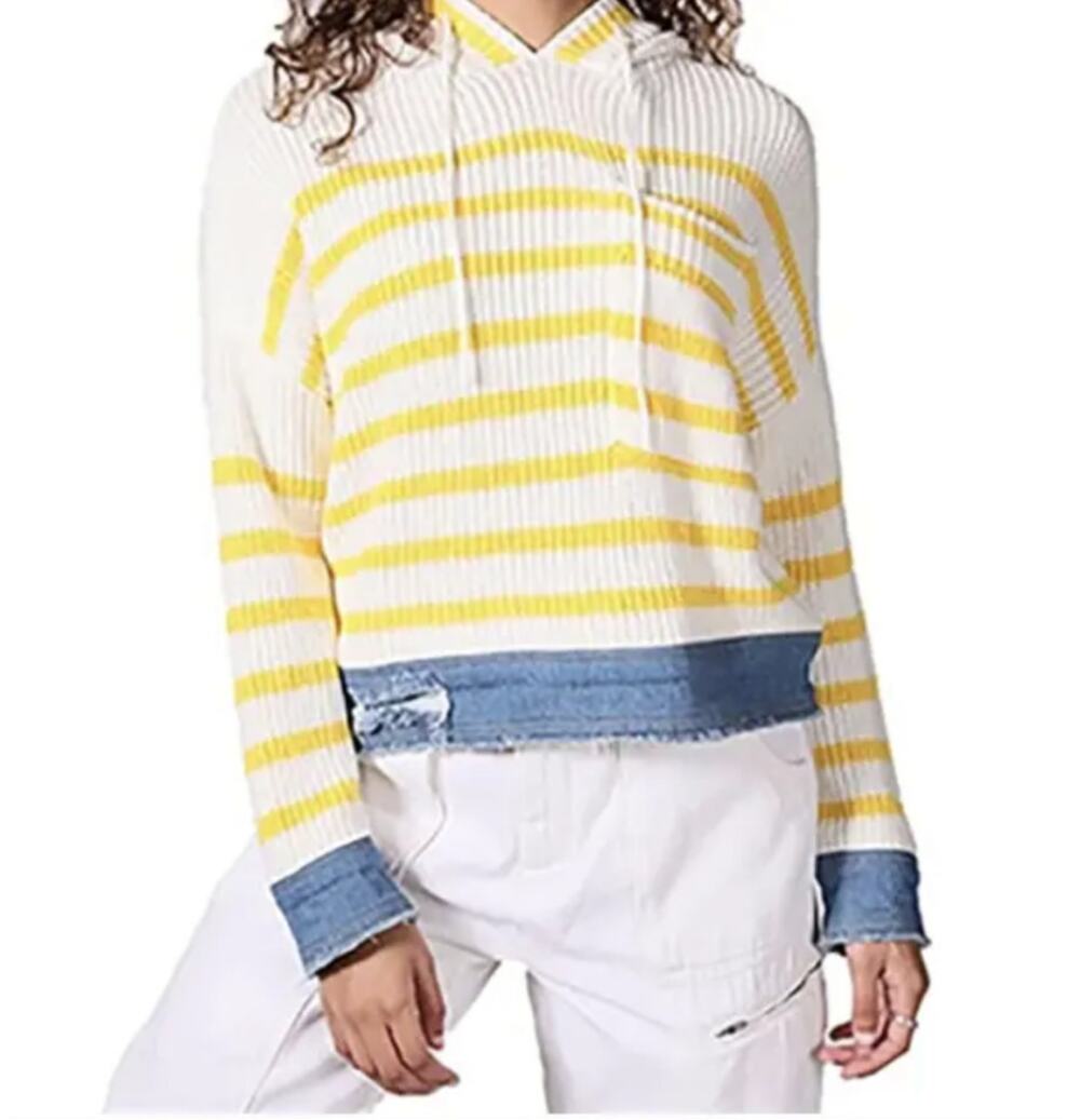 Central Park West Billie Hoodie in Yellow Stripe With Denim Trim - XS